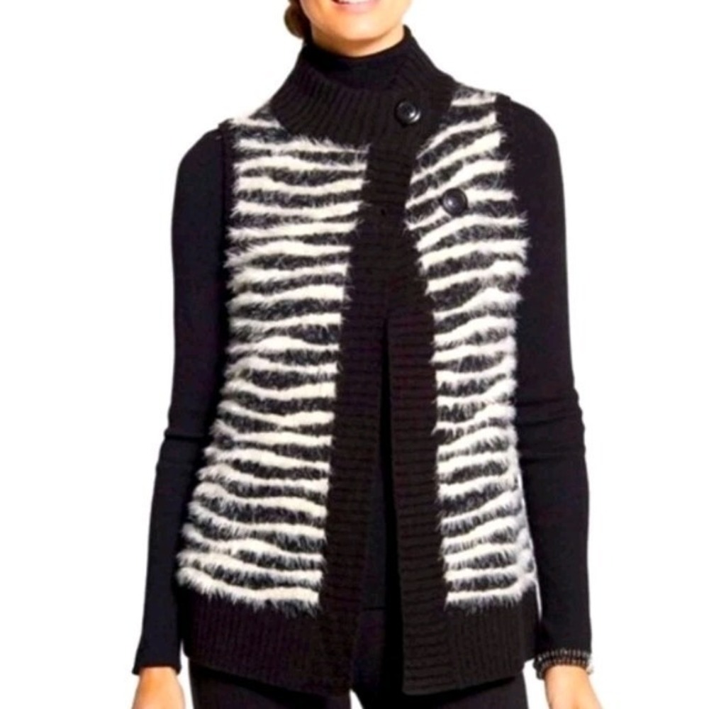 Chico's Zebra Alaina Sweater Vest‎ Mohair Blend Black White SZ 2 Large Eyelash